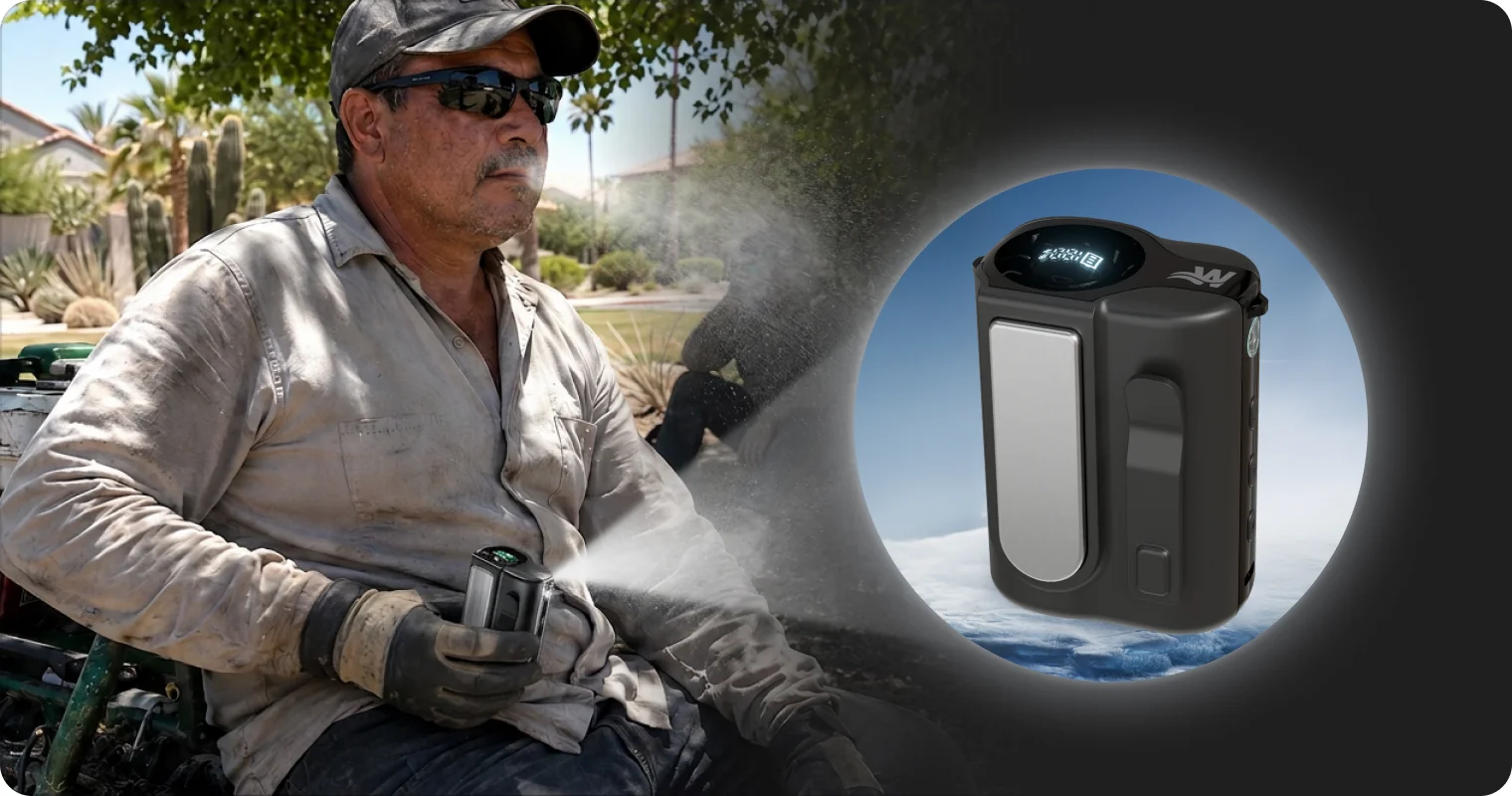 Landscaping crew lead working in the Arizona heat, with the Arctic Clip cooling device beside him