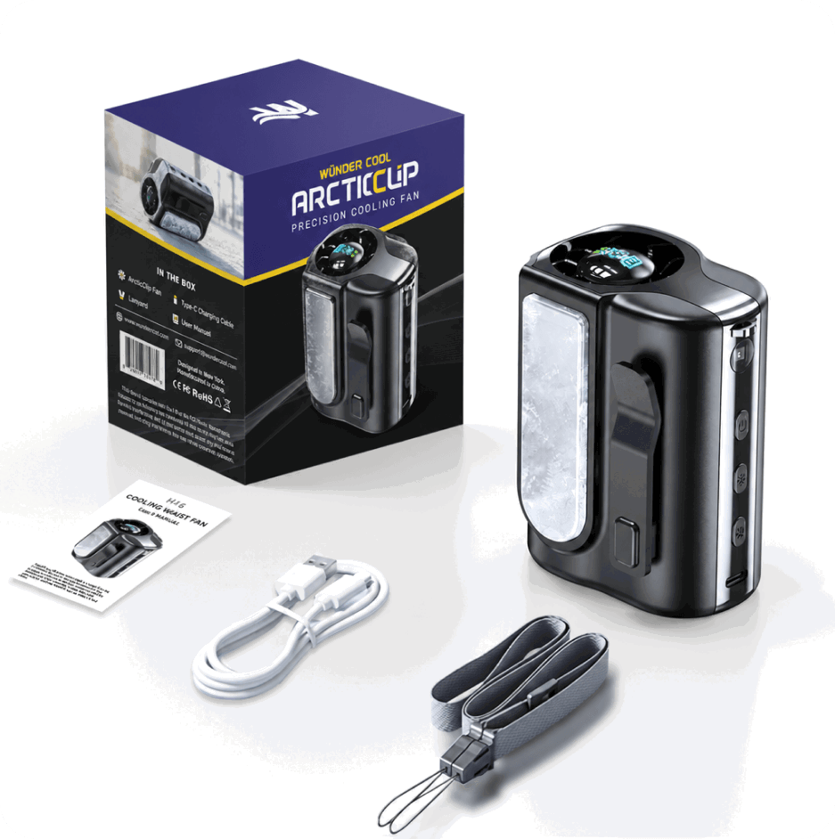 Arctic Clip device, packaging, USB-C cable, lanyard, and quick-start guide