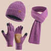 Women's Winter Three-Piece Set: Wool Hat, Scarf, and Leather Anti-Slip Gloves