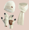 Women's Winter Three-Piece Set: Wool Hat, Scarf, and Leather Anti-Slip Gloves