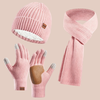Women's Winter Three-Piece Set: Wool Hat, Scarf, and Leather Anti-Slip Gloves
