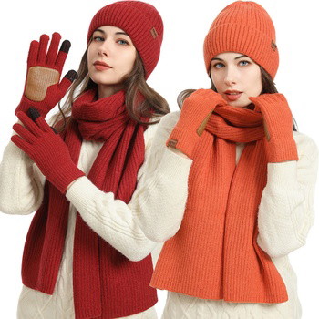 Women's Winter Three-Piece Set: Wool Hat, Scarf, and Leather Anti-Slip Gloves